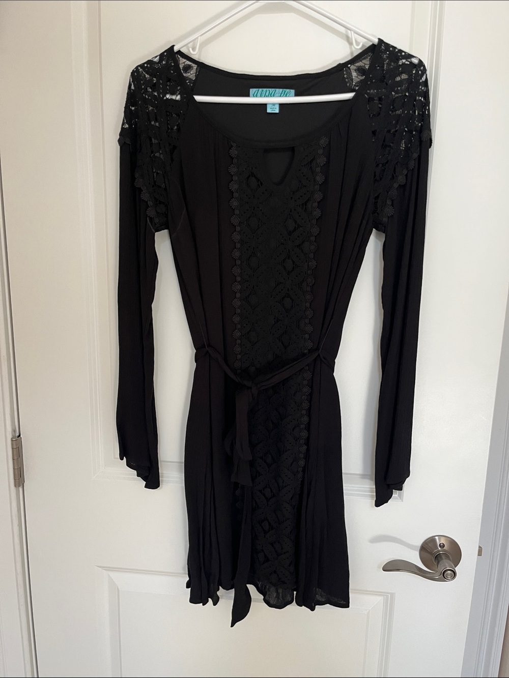 Lace-Trim Long Sleeve Black Dress with Tie Waist
